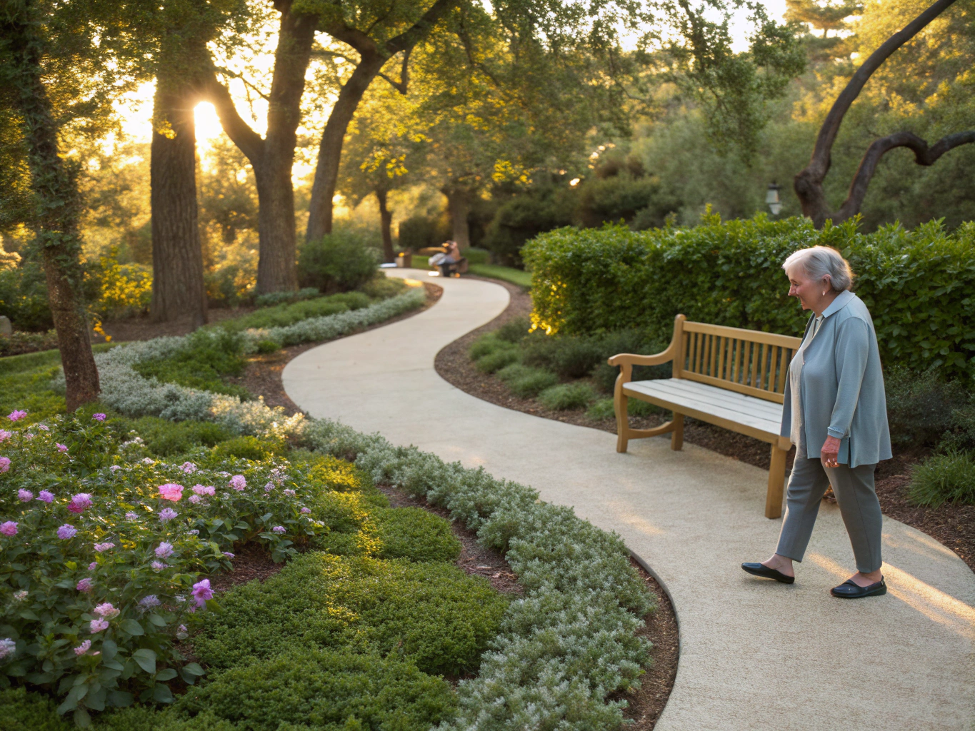 Peaceful garden area of a medical recovery center