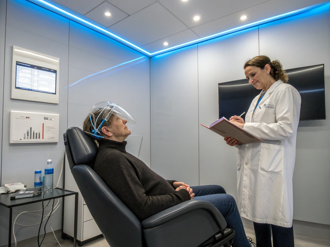 Patient undergoing specialized neurological therapy with medical support