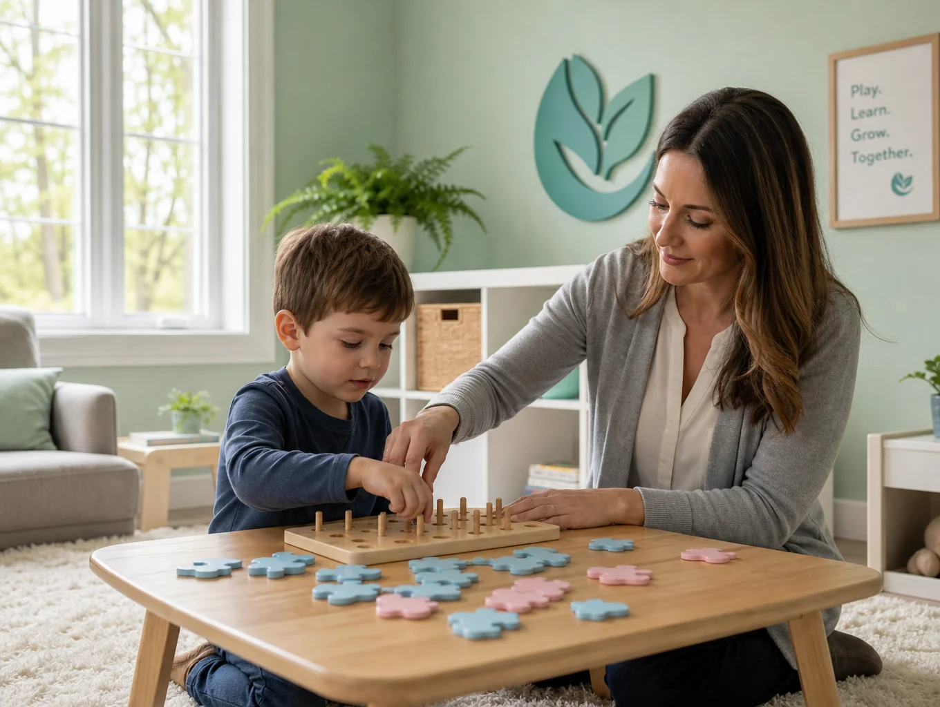 Colorful pediatric therapy room with developmental tools
